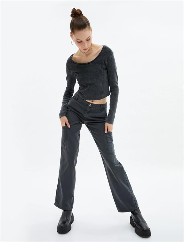 Siyah Kadın Kargo Pantolon Soluk Efektli Düz Paça Normal Kesim Cepli Pamuklu - Eve Jean