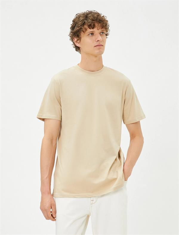 Erkek Bej Basic Tişört Slim Fit Bisiklet Yaka Pamuklu
