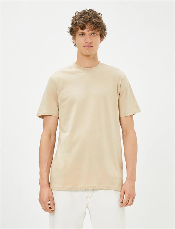 Erkek Bej Basic Tişört Slim Fit Bisiklet Yaka Pamuklu