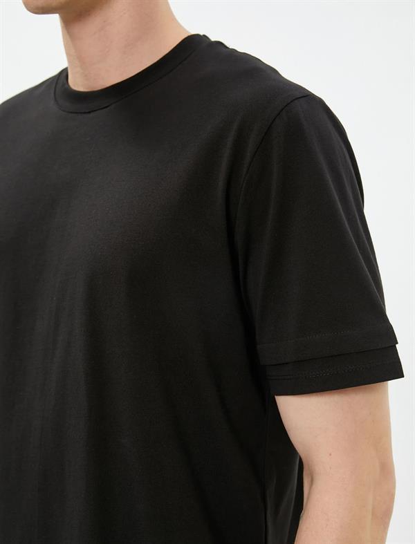 Siyah Erkek Basic Tişört Bisiklet Yaka Çift Kat Kol Detaylı Pamuklu