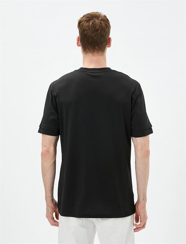 Siyah Erkek Basic Tişört Bisiklet Yaka Çift Kat Kol Detaylı Pamuklu