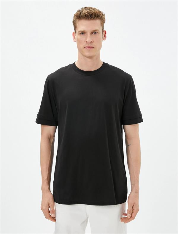 Siyah Erkek Basic Tişört Bisiklet Yaka Çift Kat Kol Detaylı Pamuklu