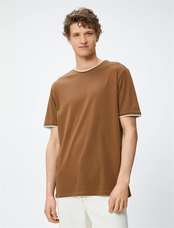 Kahve Erkek Basic Tişört Bisiklet Yaka Kısa Kollu Pamuklu