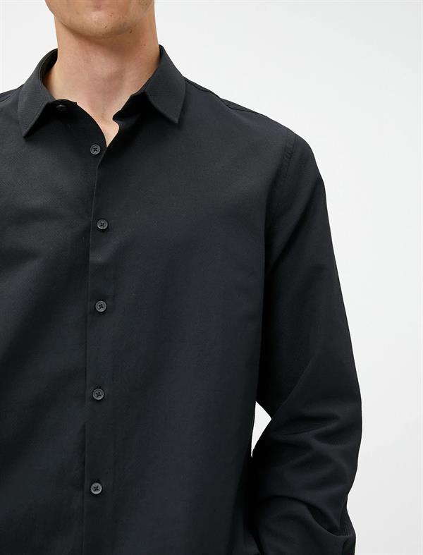 Siyah Erkek Spor Gömlek Slim Fit Klasik Yaka Uzun Kollu Non Iron