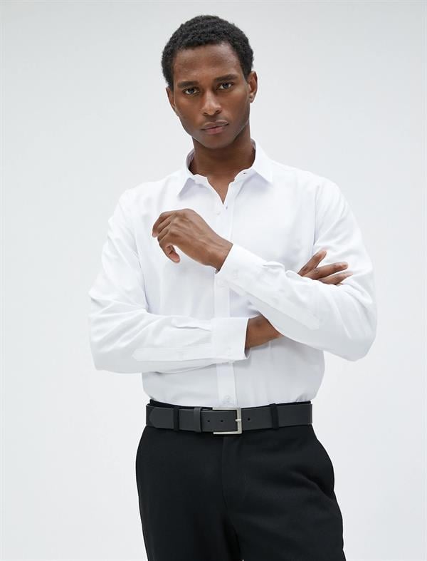 Beyaz Erkek Basic Gömlek Klasik Manşet Yaka Uzun Kollu Düğmeli Non Iron