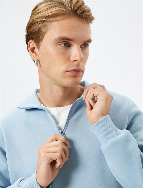 Mavi Erkek Yarım Fermuarlı Sweatshirt Dik Yaka Uzun Kollu