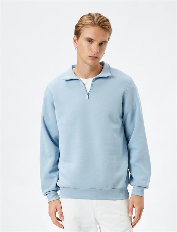Mavi Erkek Yarım Fermuarlı Sweatshirt Dik Yaka Uzun Kollu