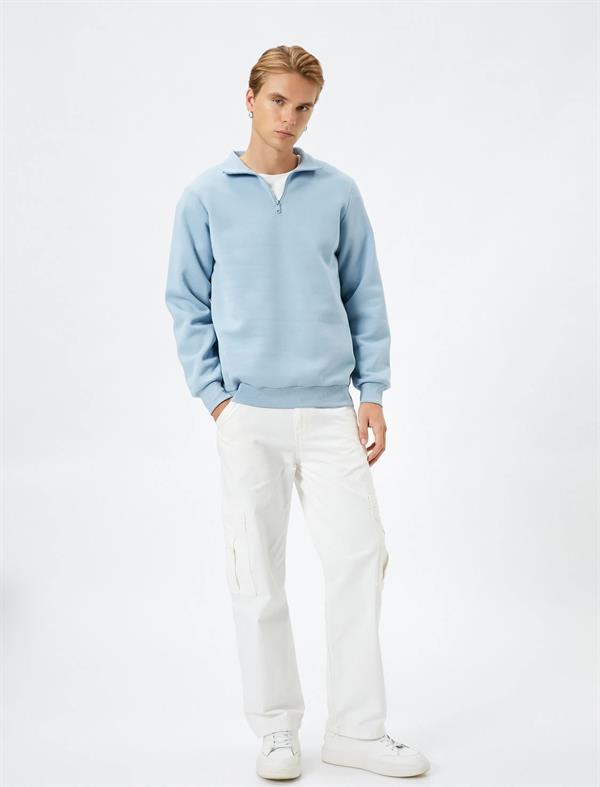 Mavi Erkek Yarım Fermuarlı Sweatshirt Dik Yaka Uzun Kollu