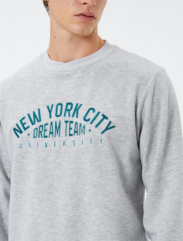 Gri Erkek Kolej Sweatshirt Slogan Baskılı Bisiklet Yaka Uzun Kollu