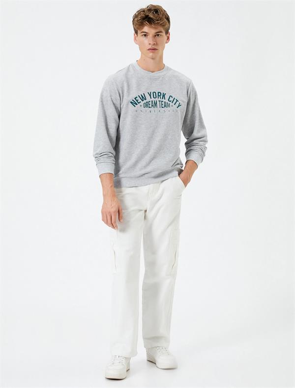 Gri Erkek Kolej Sweatshirt Slogan Baskılı Bisiklet Yaka Uzun Kollu