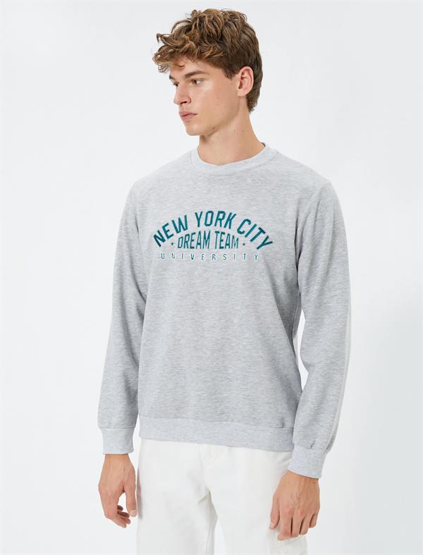 Gri Erkek Kolej Sweatshirt Slogan Baskılı Bisiklet Yaka Uzun Kollu