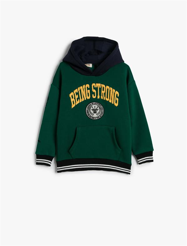 Erkek Çocuk Kolej Kapşonlu Sweatshirt Kanguru Cepli Kaşkorse Detaylı İşlemeli