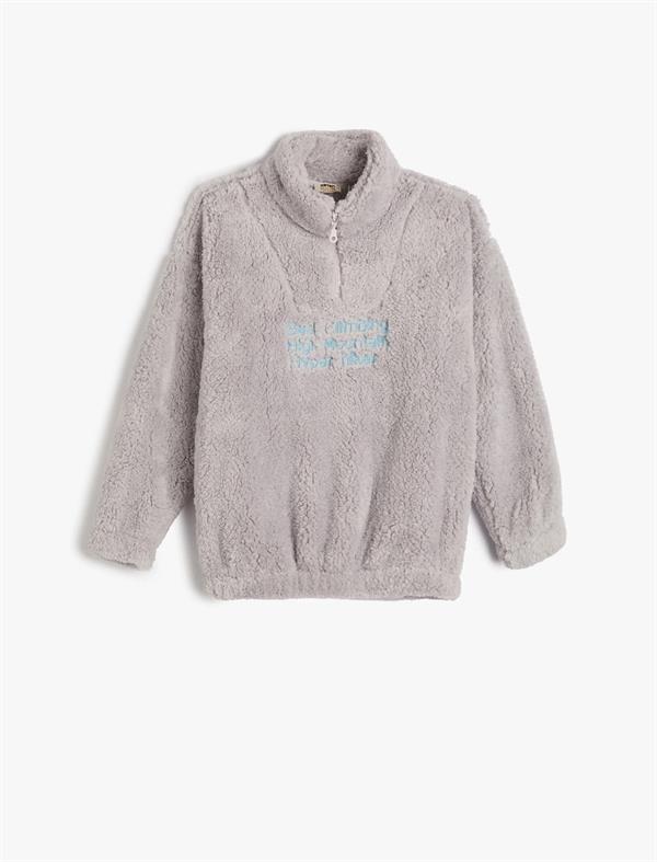 Erkek Çocuk Peluş Sweatshirt Yarım Fermuar Detaylı Dik Yaka İşlemeli Beli ve Manşetleri Lastikli