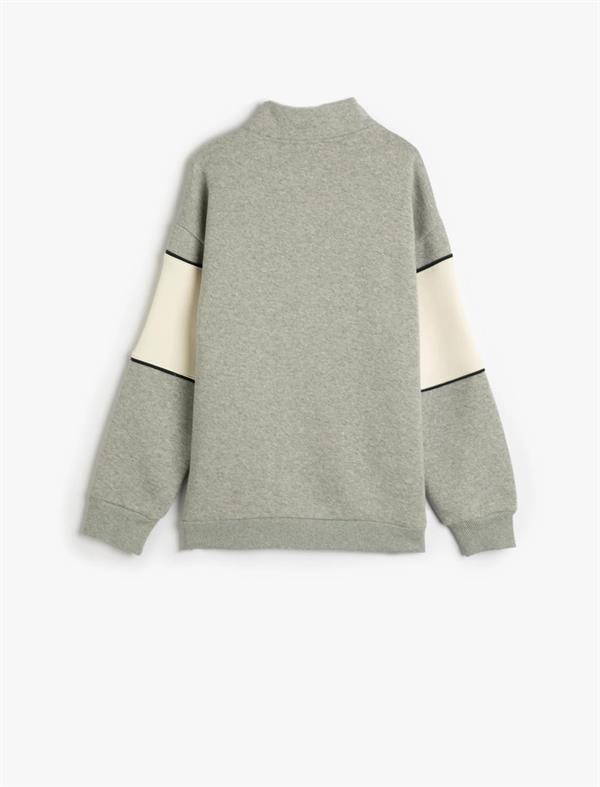 Gri Erkek Çocuk Sweatshirt Dik Yaka Düğme Kapamalı Baskılı Renk Bloklu Şardonlu