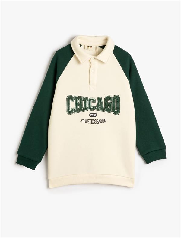 Ekru Erkek Çocuk Sweatshirt Polo Yaka Düğme Kapamalı Baskılı Renk Bloklu Şardonlu