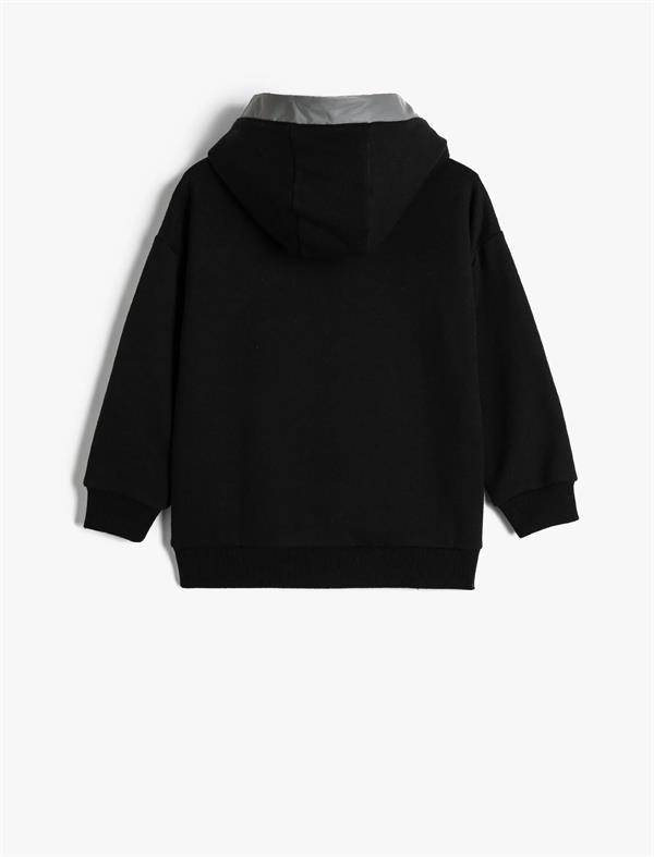 Siyah Erkek Çocuk Kapşonlu Sweatshirt Kanguru Cepli Uzun Kollu Renk Bloklu Şardonlu