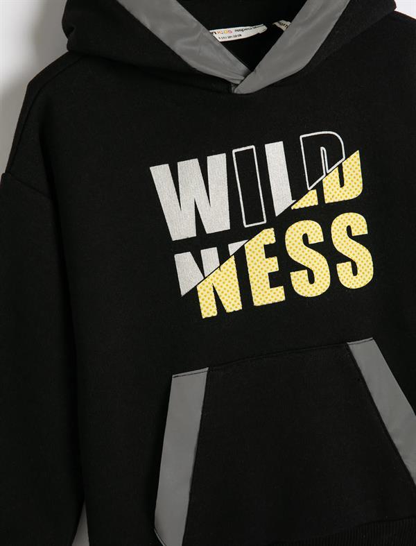 Siyah Erkek Çocuk Kapşonlu Sweatshirt Kanguru Cepli Uzun Kollu Renk Bloklu Şardonlu