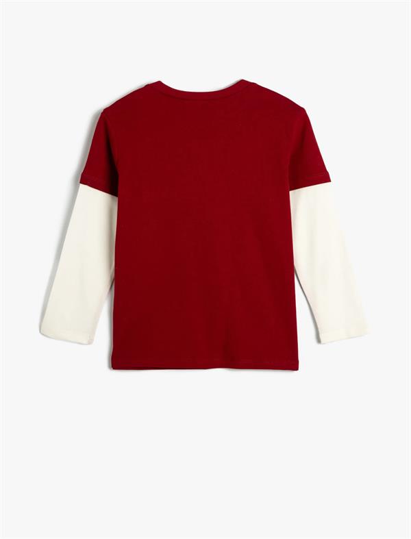 Kırmızı Erkek Çocuk Tişört Uzun Kollu Bisiklet Yaka Kaplan Baskılı Pamuklu