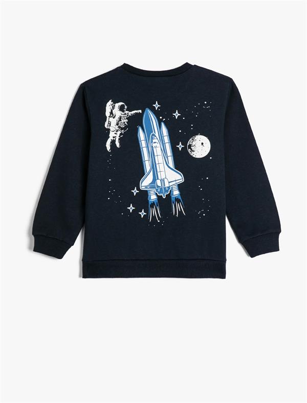 Lacivert Erkek Çocuk Sweatshirt Uzun Kollu Bisiklet Yaka Slogan Baskılı Şardonlu