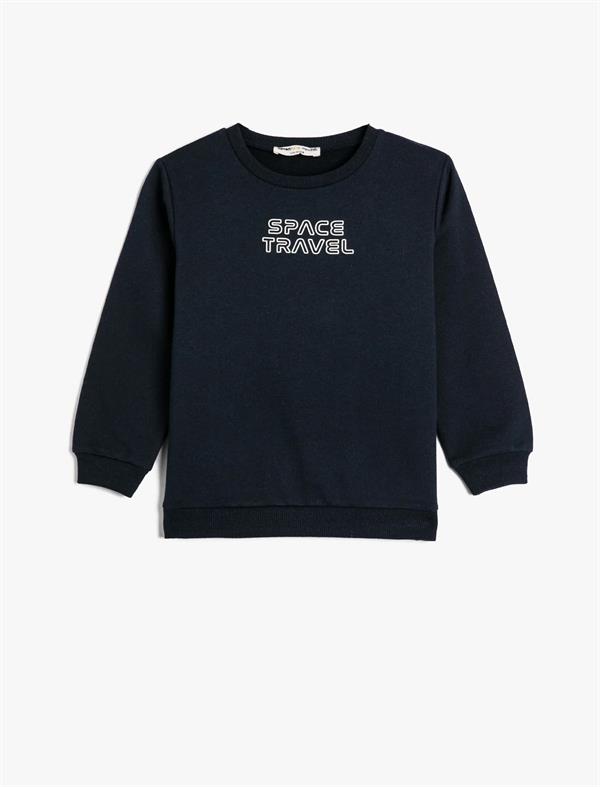 Lacivert Erkek Çocuk Sweatshirt Uzun Kollu Bisiklet Yaka Slogan Baskılı Şardonlu