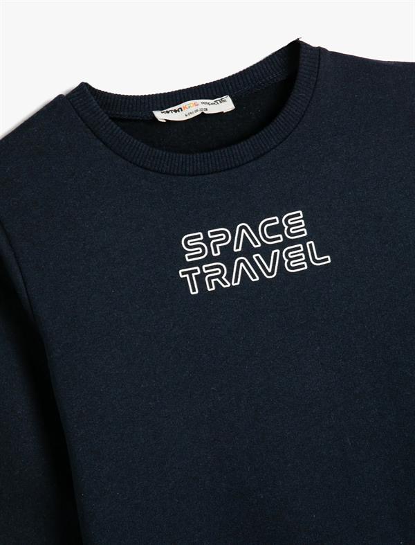 Lacivert Erkek Çocuk Sweatshirt Uzun Kollu Bisiklet Yaka Slogan Baskılı Şardonlu