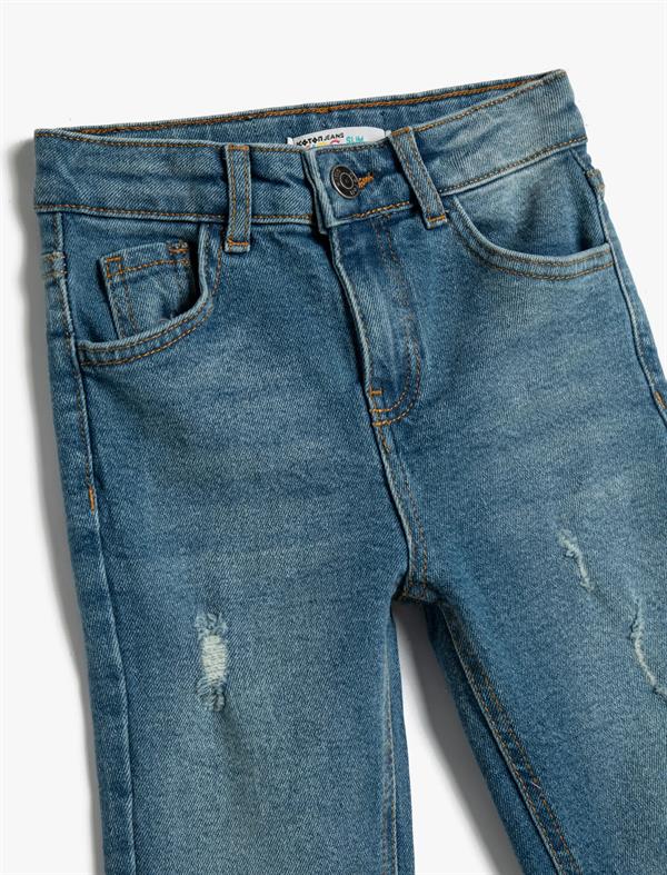 Orta İndigo Erkek Çocuk Kot Pantolon Beli Ayarlanabilir Lastikli Dar Paça Cepli Pamuklu - Slim Jean