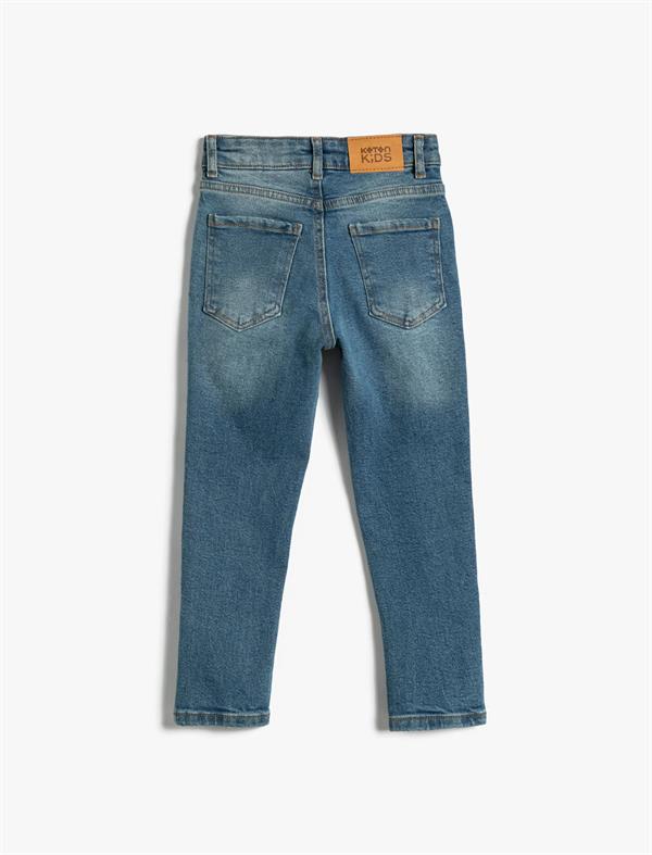 Orta İndigo Erkek Çocuk Kot Pantolon Beli Ayarlanabilir Lastikli Dar Paça Cepli Pamuklu - Slim Jean