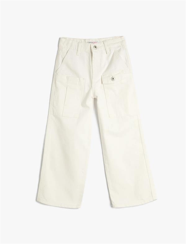 Kız Çocuk Bol Paça Kot Pantolon Önde Cep Detaylı Pamuklu - Crop Wide Leg Jean