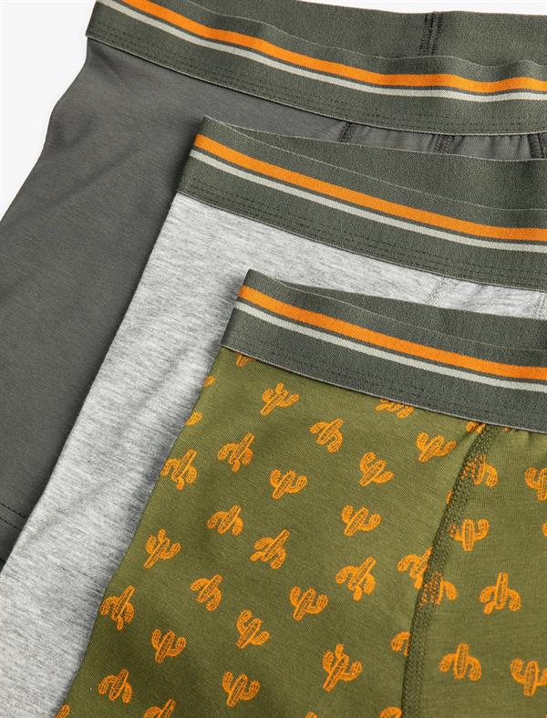 Yeşil Erkek 3lü Boxer Seti Kaktüs Baskılı Beli Lastikli Pamuklu