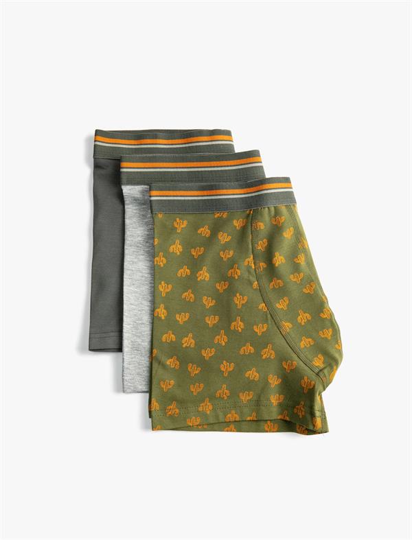 Yeşil Erkek 3lü Boxer Seti Kaktüs Baskılı Beli Lastikli Pamuklu