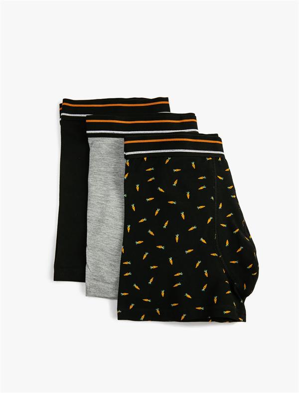 Siyah Erkek 3lü Boxer Seti Havuç Baskılı Pamuklu Beli Lastikli