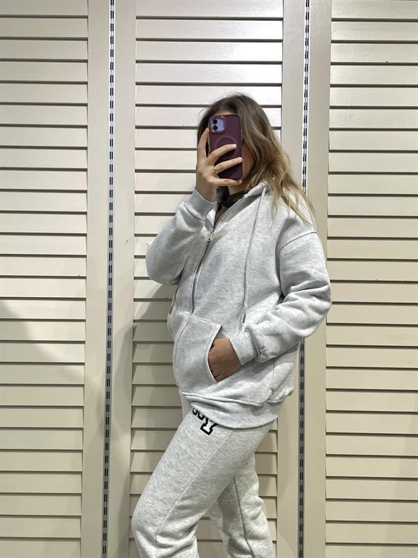 Gri Kadın Fermuarlı Kapüşonlu Sweatshirt