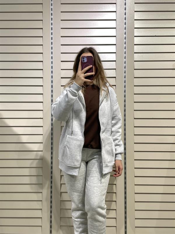 Gri Kadın Fermuarlı Kapüşonlu Sweatshirt