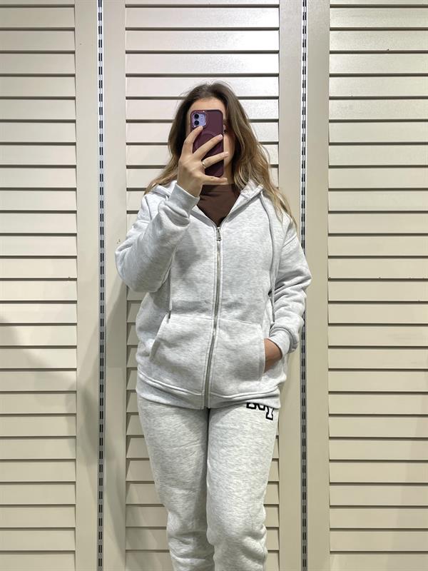 Gri Kadın Fermuarlı Kapüşonlu Sweatshirt