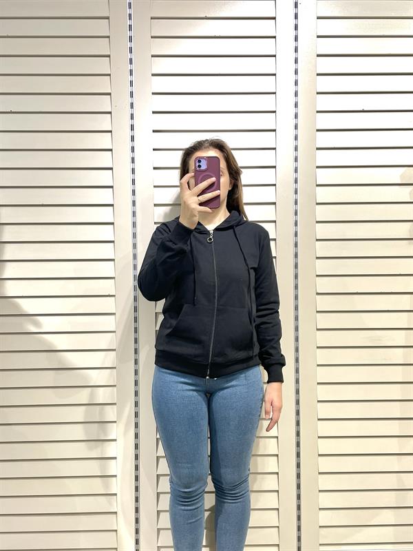 Siyah Kadın Fermuarlı Kapşonlu Sweatshirt