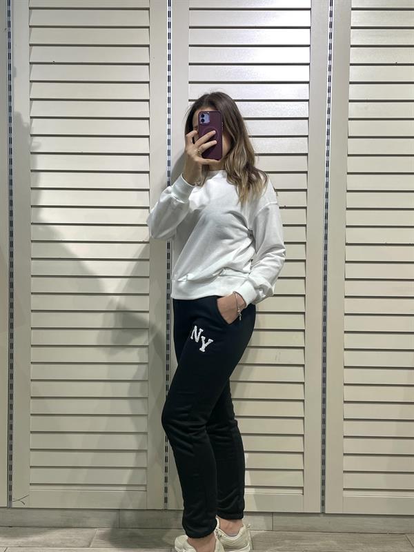 Beyaz Kadın Bisiklet Yaka İki İplik Sweatshirt