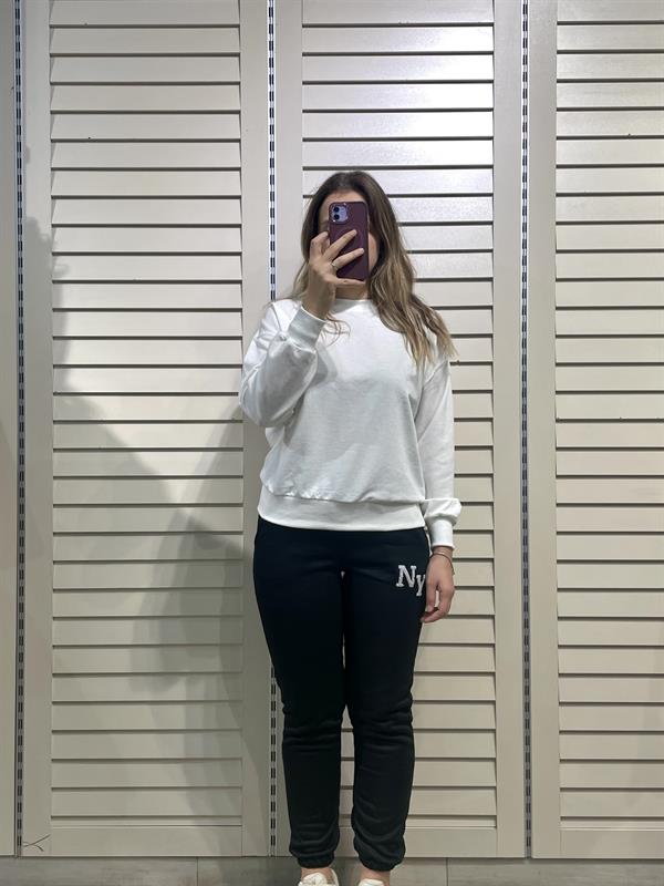 Beyaz Kadın Bisiklet Yaka İki İplik Sweatshirt