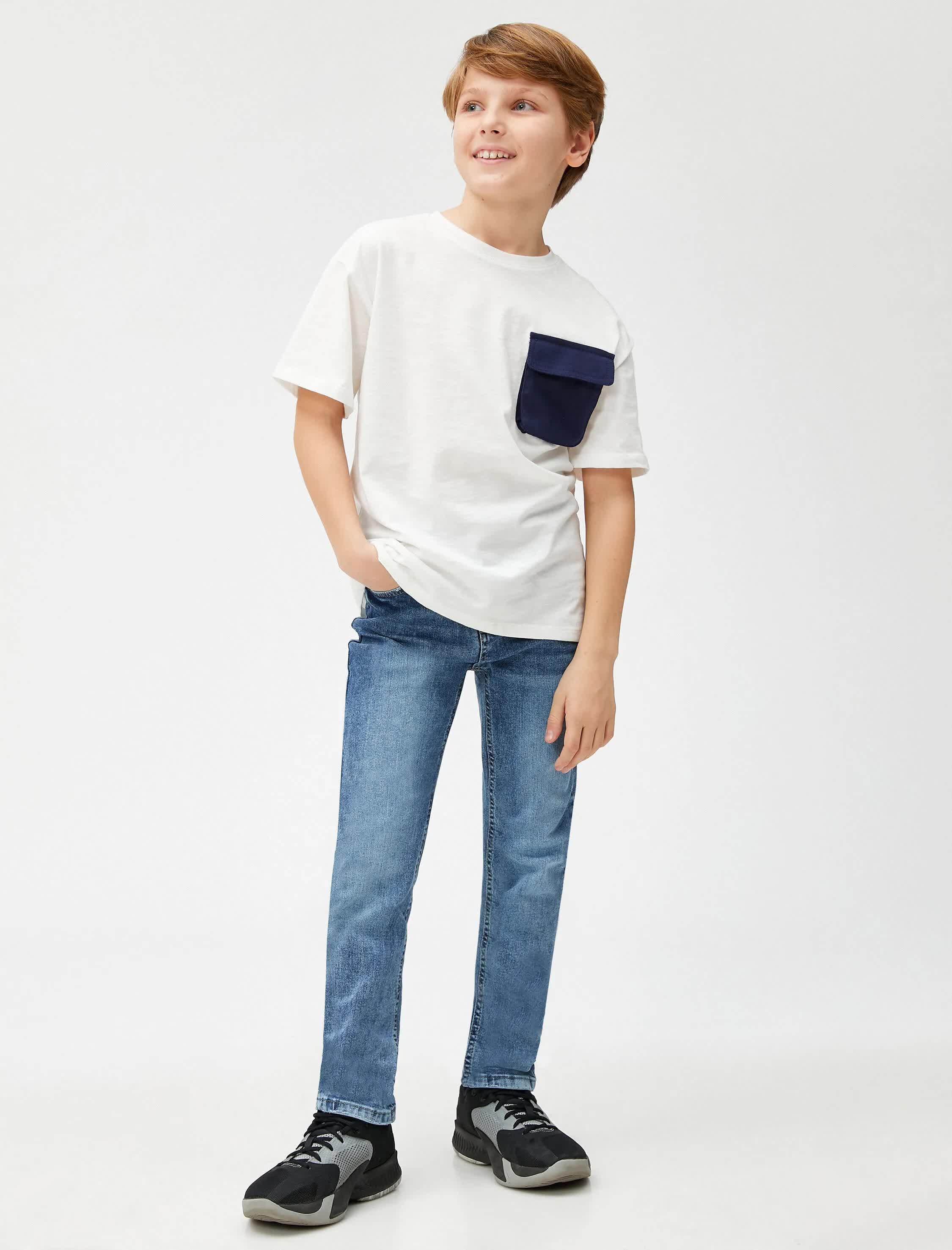 Erkek Çocuk Kot Pantolon Pamuklu Cepli - Slim Jean Beli Ayarlanabilir Lastikli