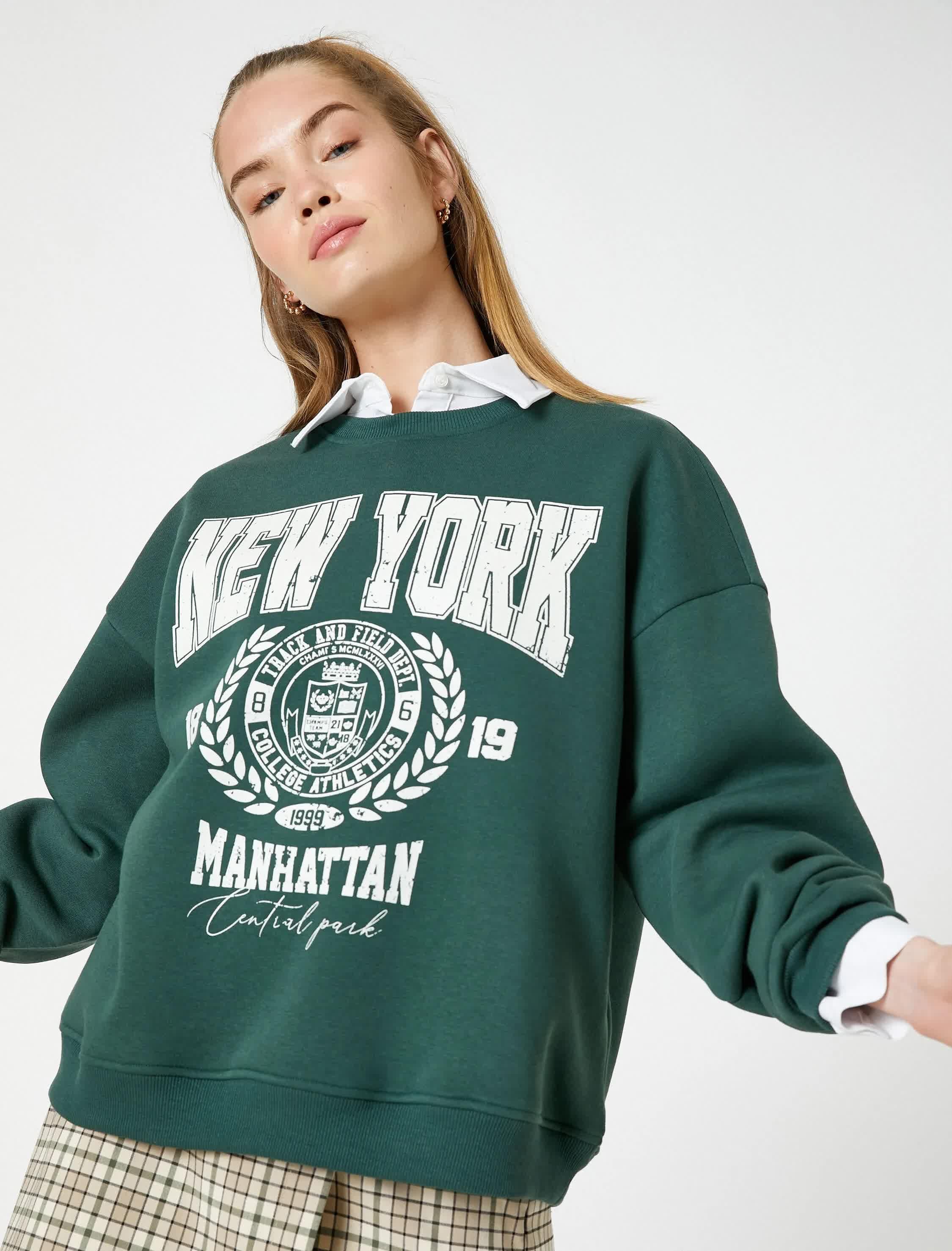 Yeşil Kadın Kolej Sweatshirt Baskılı Bisiklet Yaka Ribanalı
