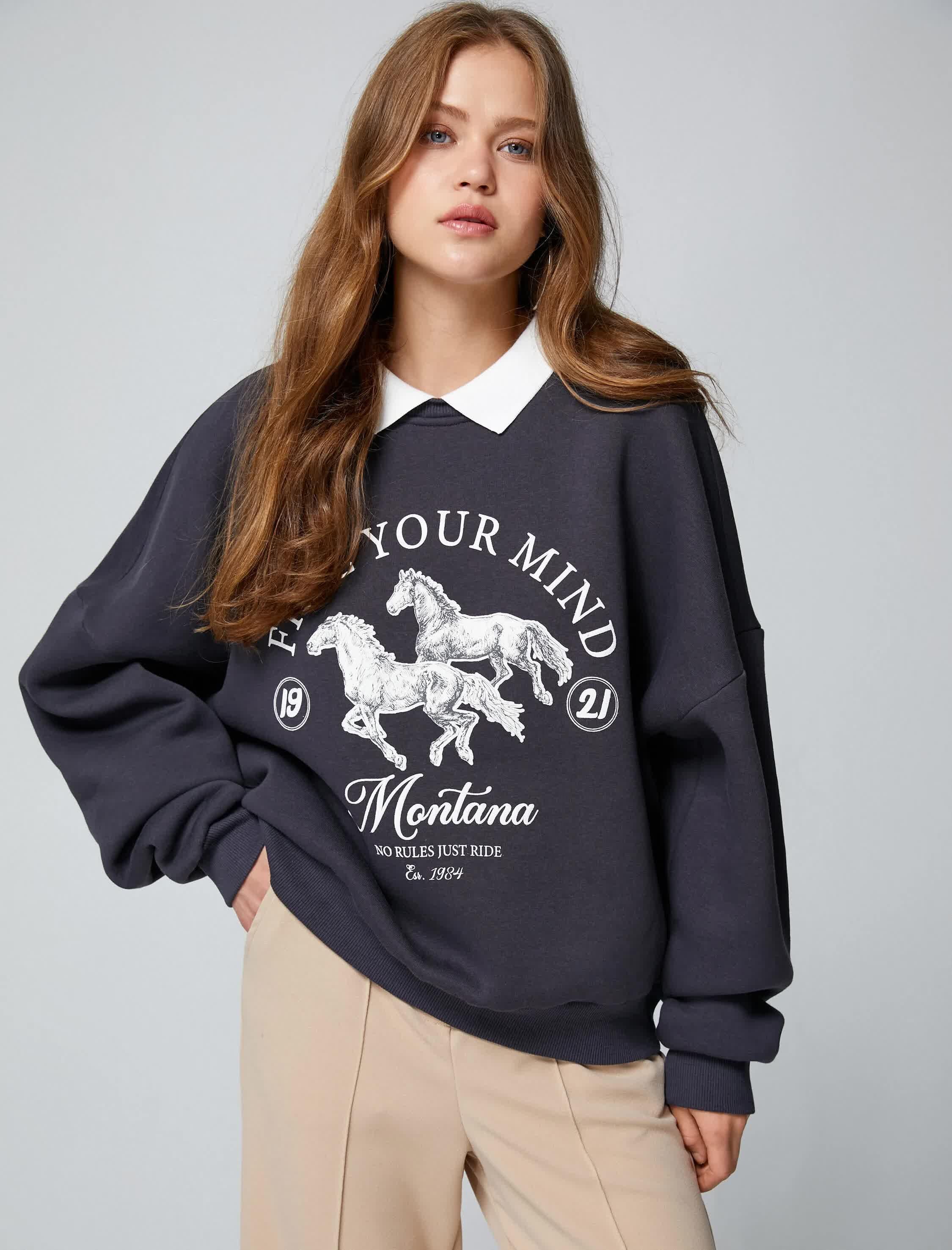 Kolej Sweatshirt Polo Yaka Baskılı Uzun Kollu Rahat Kesim