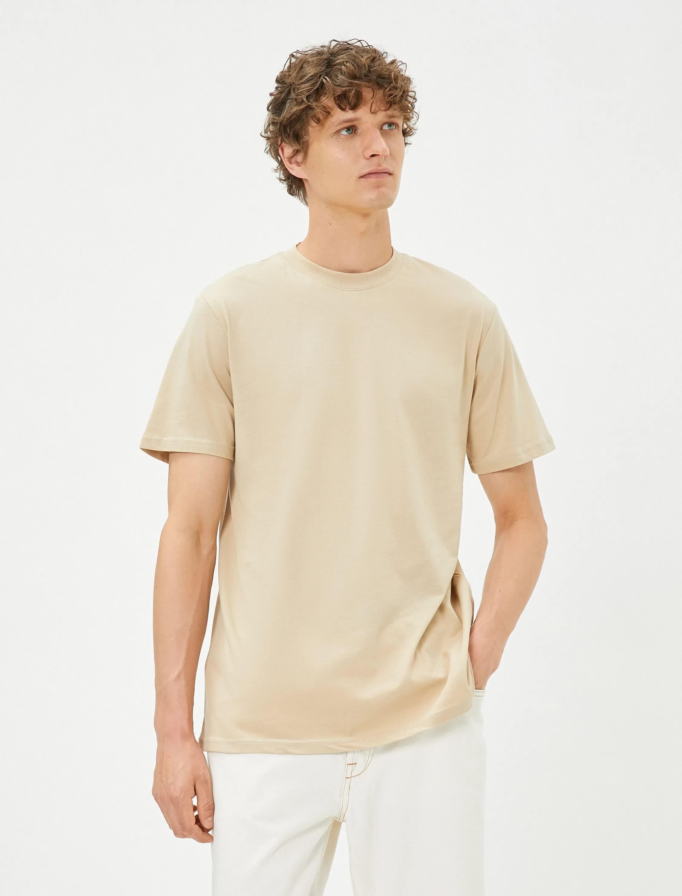 Erkek Bej Basic Tişört Slim Fit Bisiklet Yaka Pamuklu