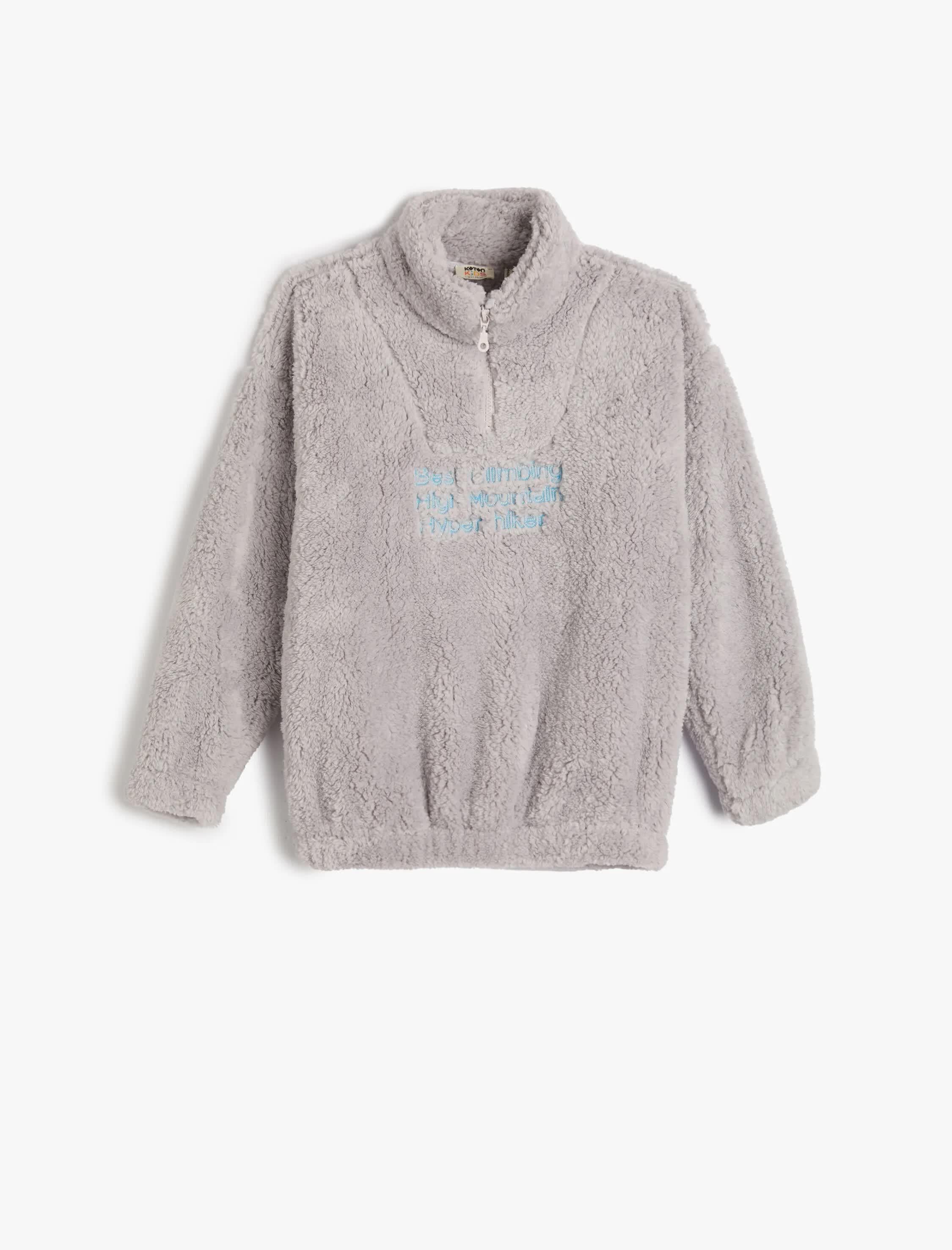 Erkek Çocuk Peluş Sweatshirt Yarım Fermuar Detaylı Dik Yaka İşlemeli Beli ve Manşetleri Lastikli
