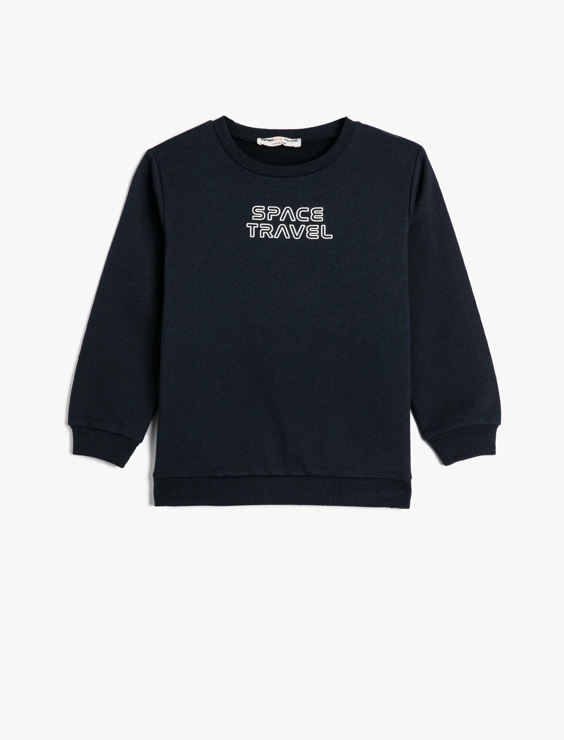 Lacivert Erkek Çocuk Sweatshirt Uzun Kollu Bisiklet Yaka Slogan Baskılı Şardonlu
