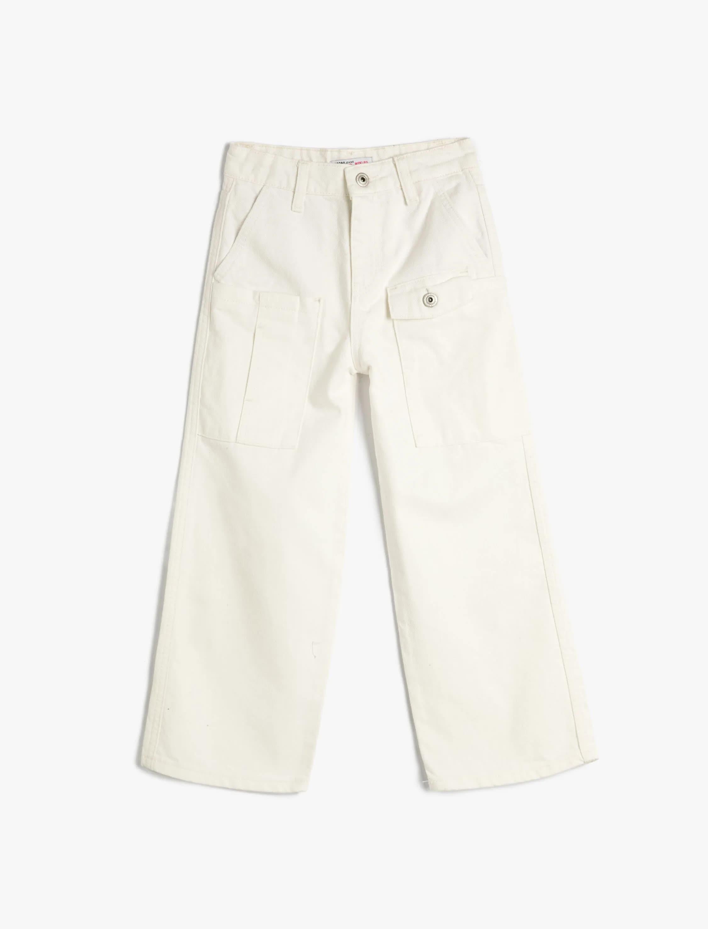 Kız Çocuk Bol Paça Kot Pantolon Önde Cep Detaylı Pamuklu - Crop Wide Leg Jean