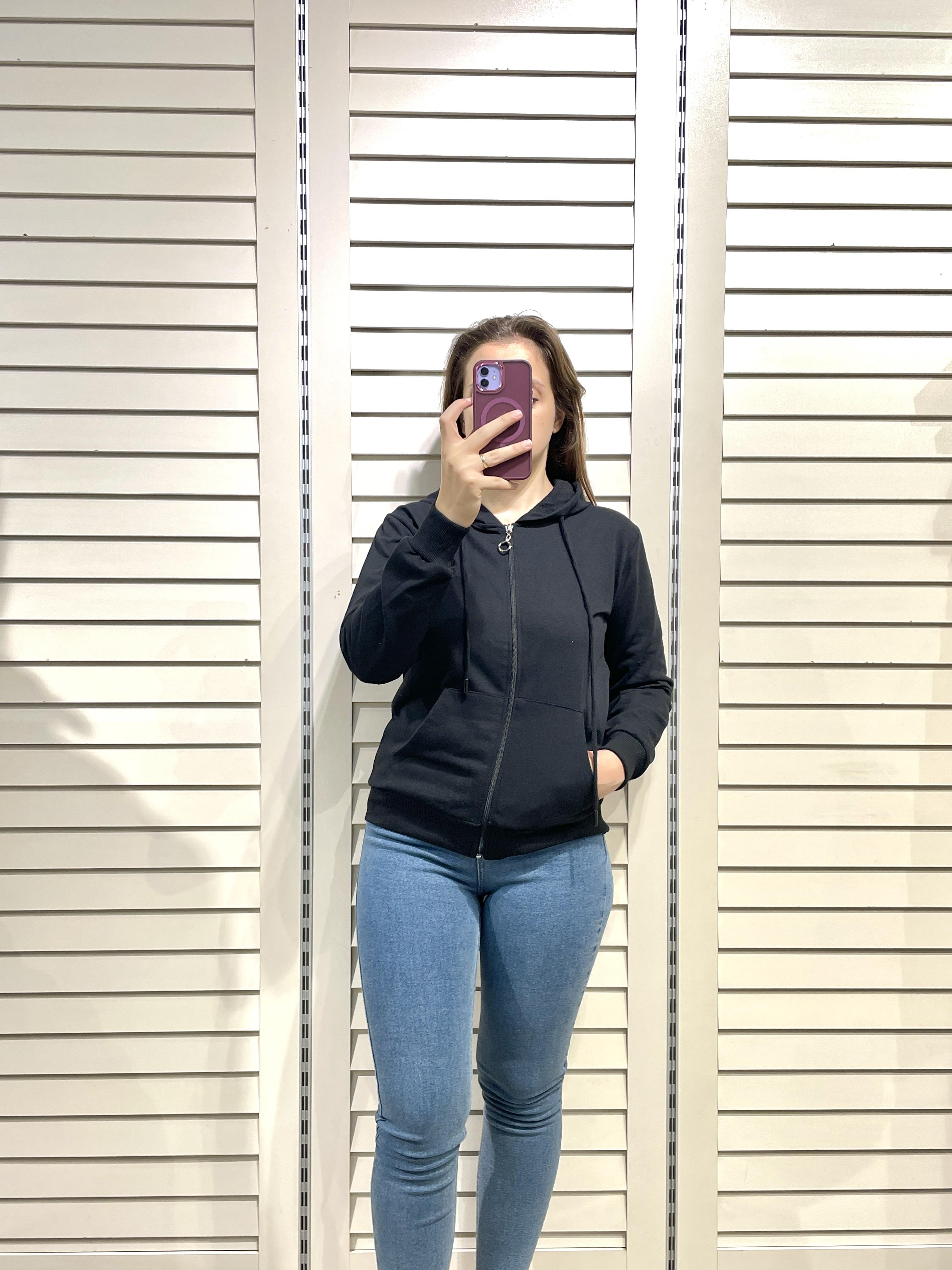 Siyah Kadın Fermuarlı Kapşonlu Sweatshirt