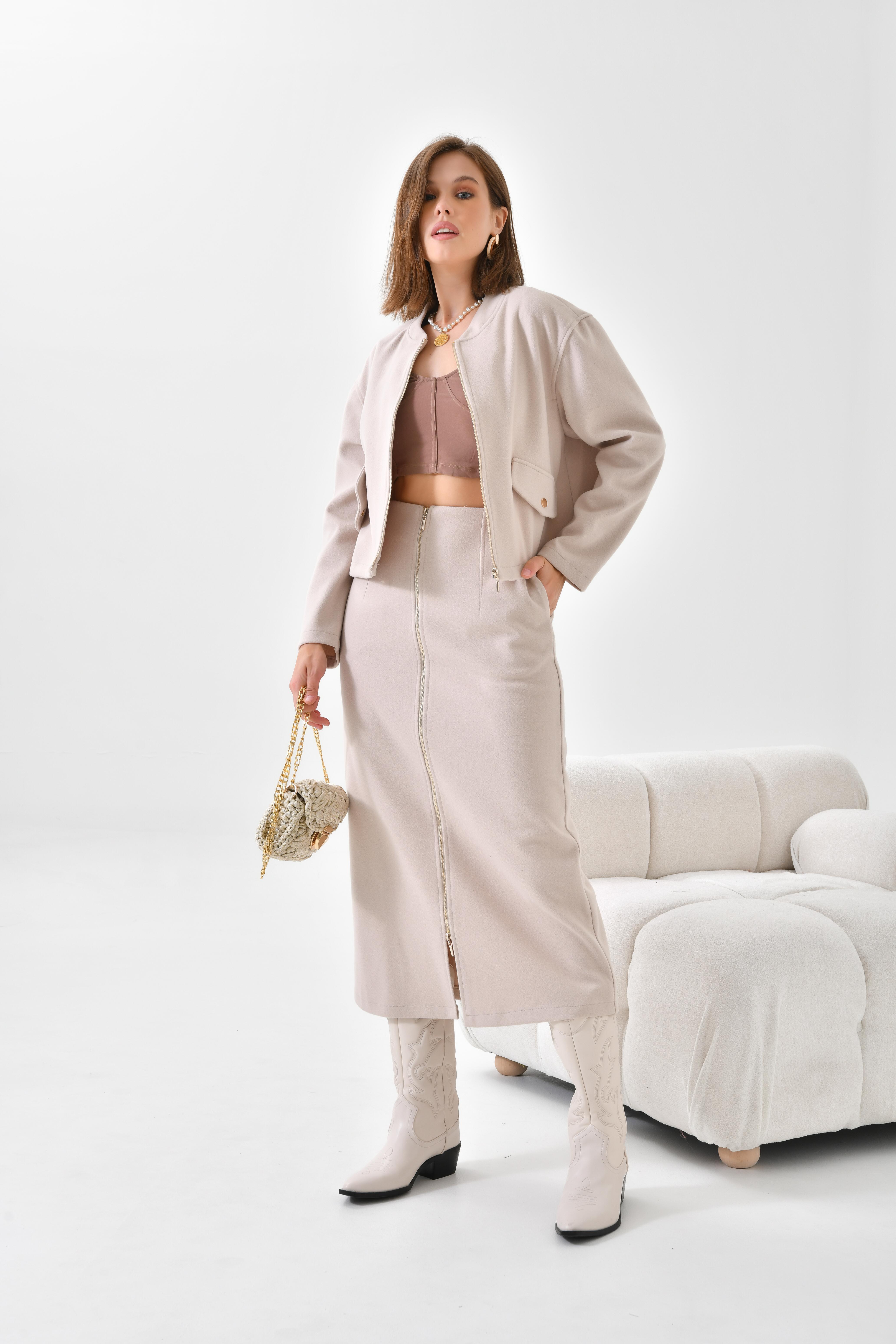 Ftz Women Kadın Örme Etekli Takım Beige