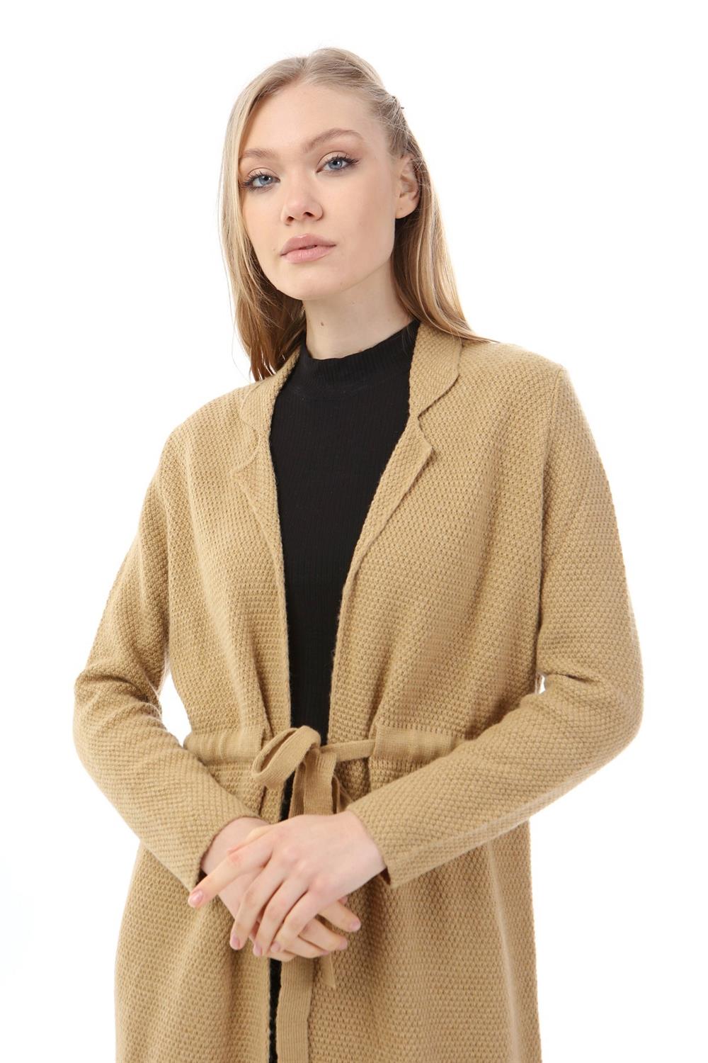 Garmi Kadın Beli Bağcıklı Uzun Hırka Camel