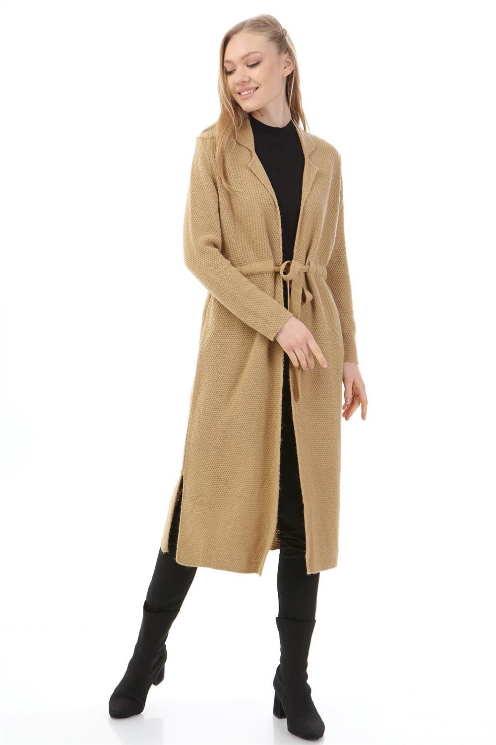 Garmi Kadın Beli Bağcıklı Uzun Hırka Camel