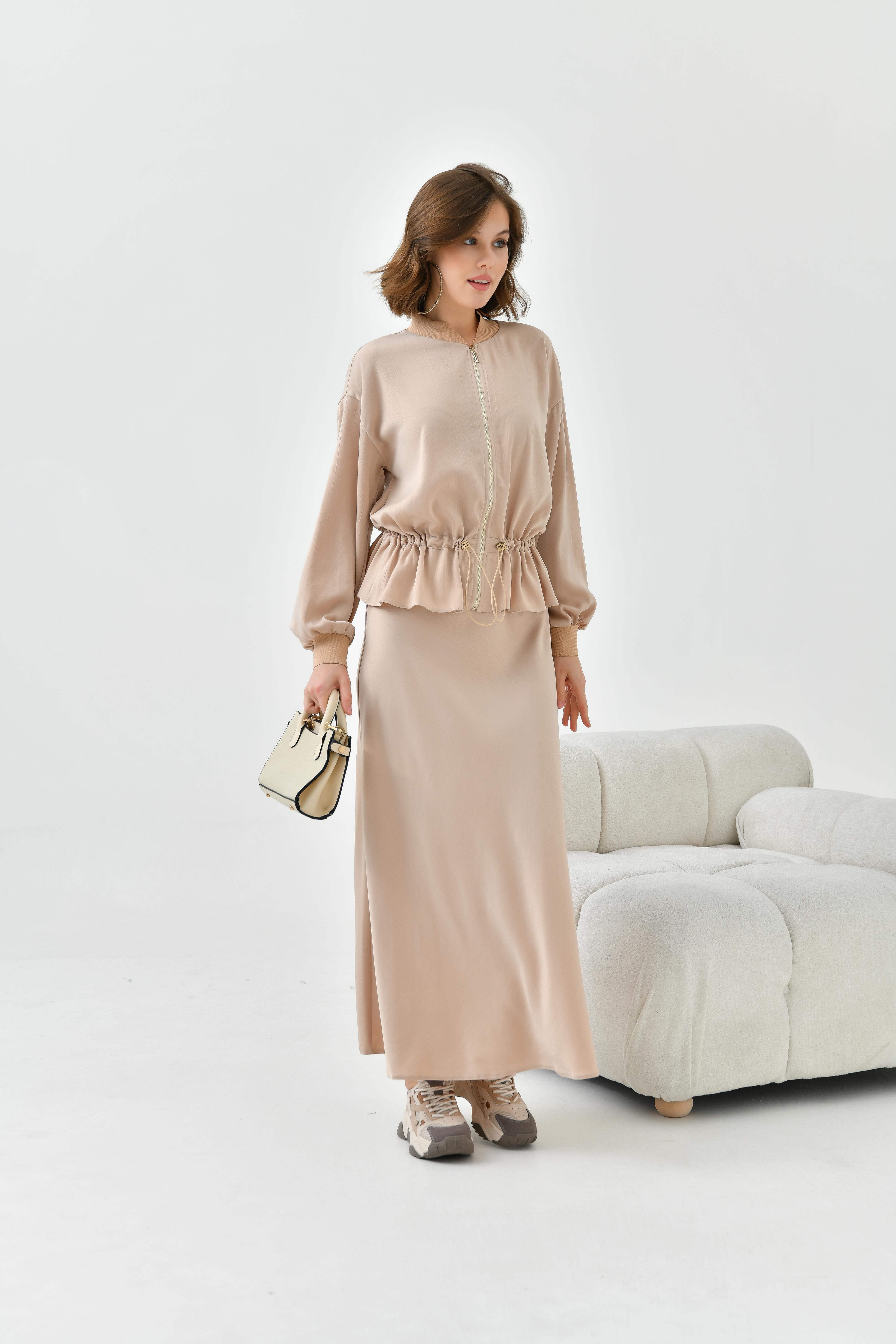 Garmi Kadın Büzgülü Ceketli Etekli Takım Beige 30725