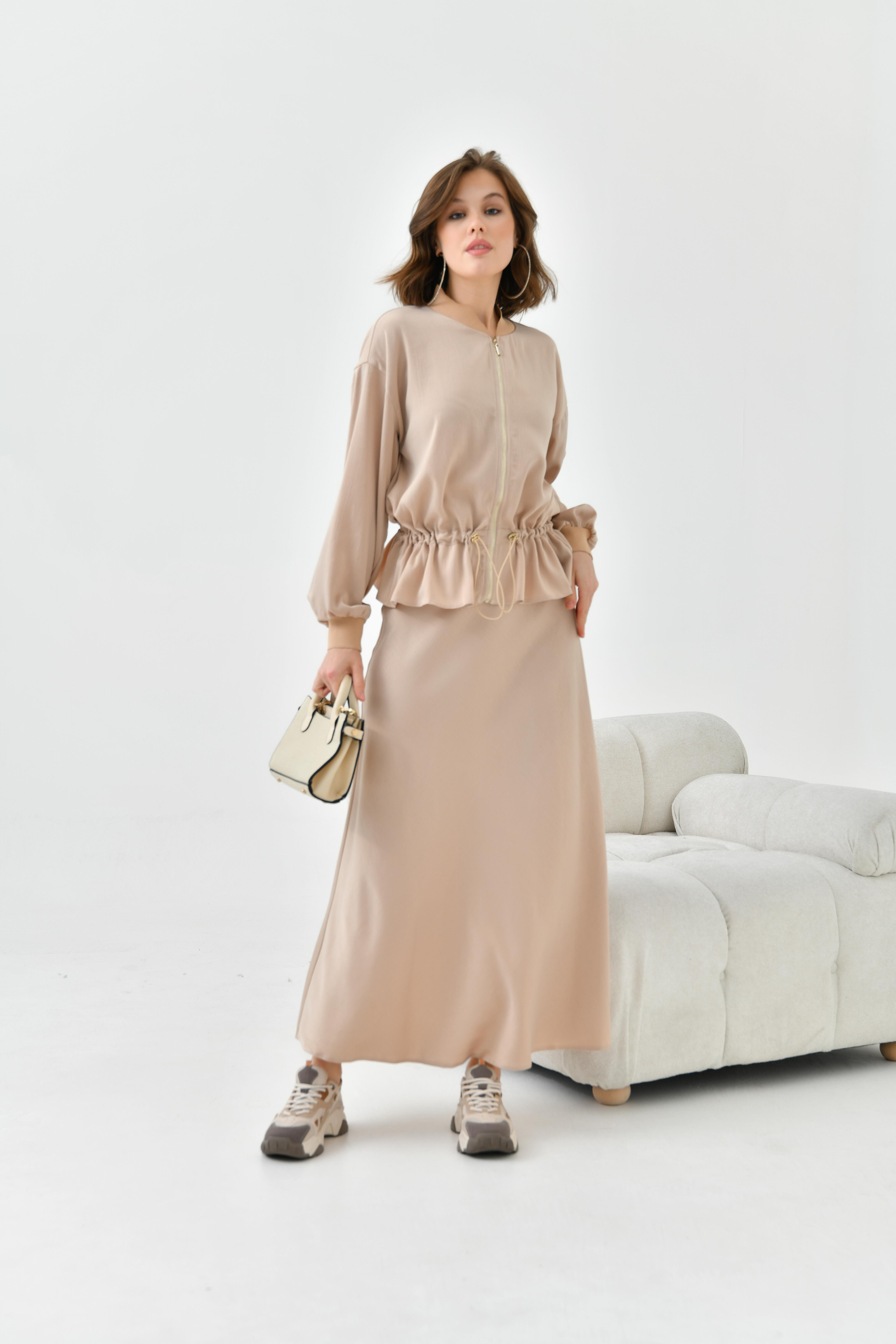Garmi Kadın Büzgülü Ceketli Etekli Takım Beige 30725